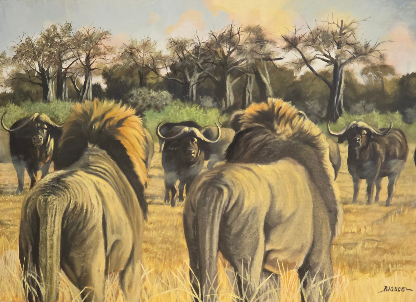 Painting of lions and buffaloes in a savanna landscape
