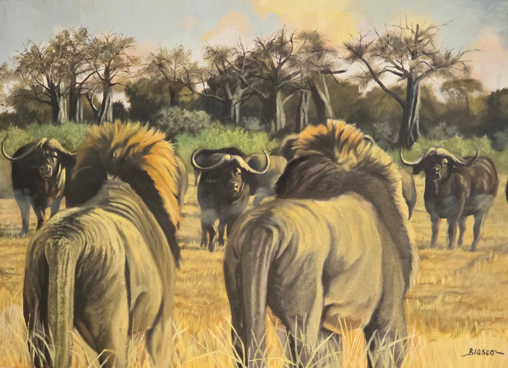 Painting of lions and buffaloes in a savanna landscape