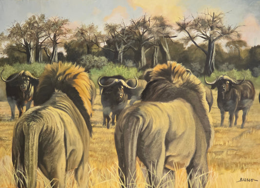 Painting of lions and buffaloes in a savanna landscape