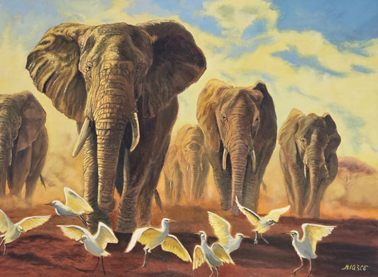 Painting of elephants and birds in a desert landscape